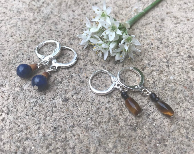 Small tigers eye  or lapis stone hoop earrings / silver hoop earrings / geometric brown or blue earrings