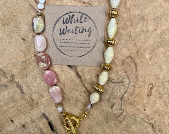 Pink Opal and paperbead necklace- gold front clasp/ large freshwater Pearl pendant