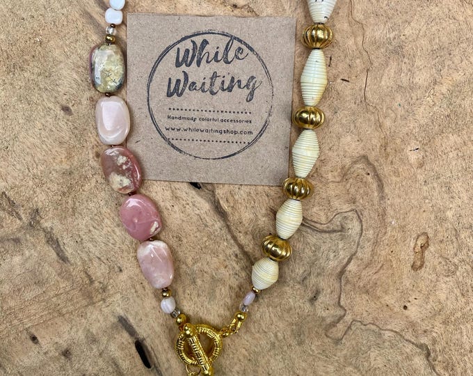 Pink Opal and paperbead necklace- gold front clasp/ large freshwater Pearl pendant