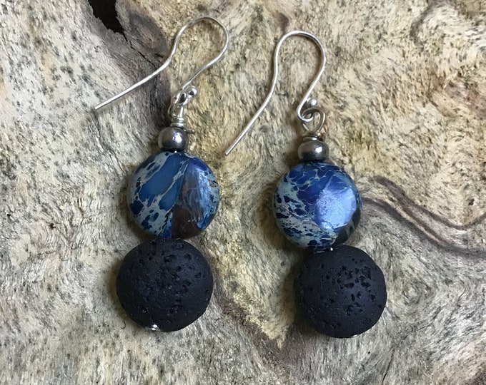 Diffuser earrings / Essential oil Diffuser earrings/  blue jasper sterling and black lava stone earrings/ blue stone / modern style