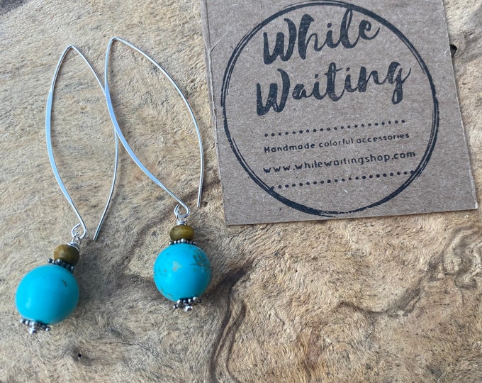 Turquoise stone threader earrings/ sterling silver/ silver earrings/ long