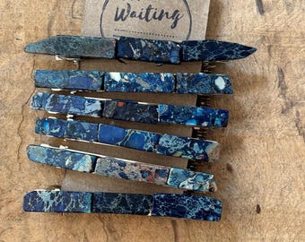 Blue Jasper Stone Hair Barrette: Extra Large Silver Tone Clip