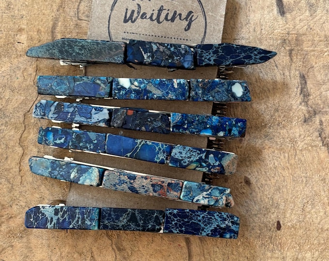Blue Jasper Stone Hair Barrette: Extra Large Silver Tone Clip