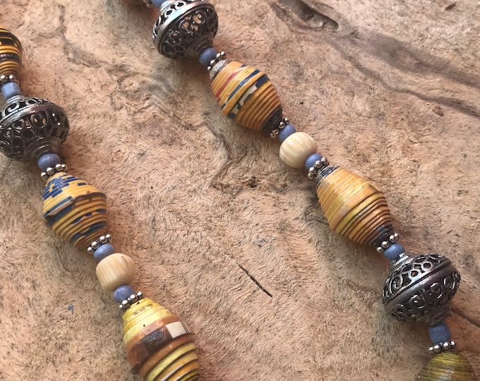 Silver and yellow / blue paperbead necklace /western turquoise necklace / paper bead necklace / beaded necklace