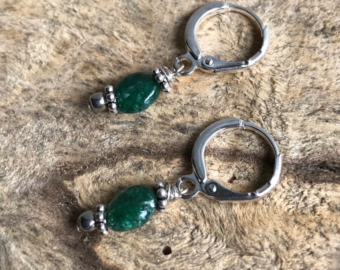 Small green stone hoop earrings / silver hoop earrings / green semi precious stone earrings