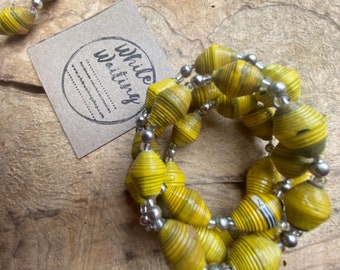 Yellow / silver recycled Paperbead stretch bracelet- sustainable / recycled/ Haitian paperbeads/ boho yellow and silver