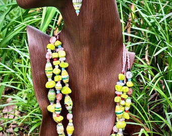 Chartreuse Paper beads and Jade, multi strand necklace