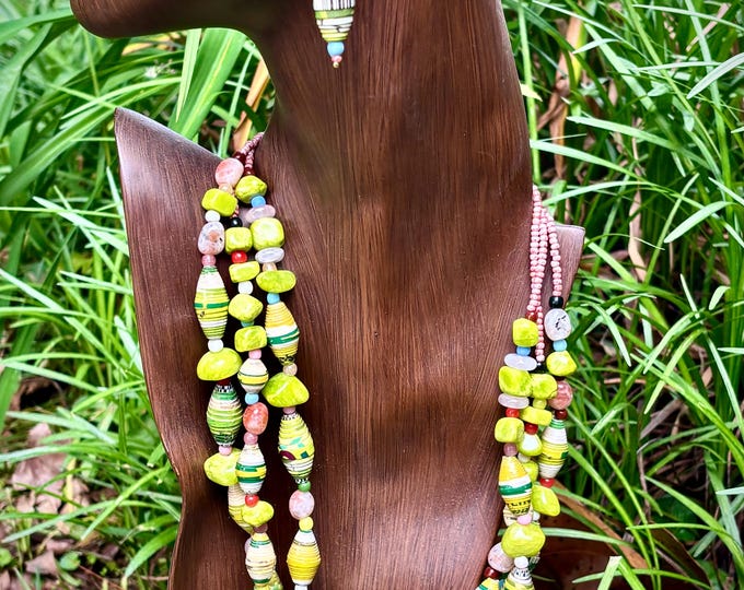 Chartreuse Paper beads and Jade, multi strand necklace