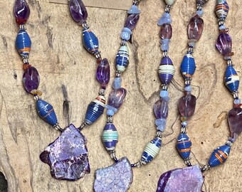 Amethyst and Paper bead statement necklace- paperbeads-amethyst/ Eco-Friendly Necklace / Amethyst Necklace / Paper Bead Necklace