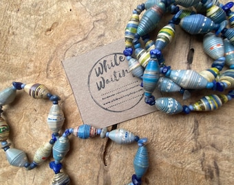 Boho stretch bracelet- blue stone/ recycled/ Haitian paperbeads / lapis lazuli /white