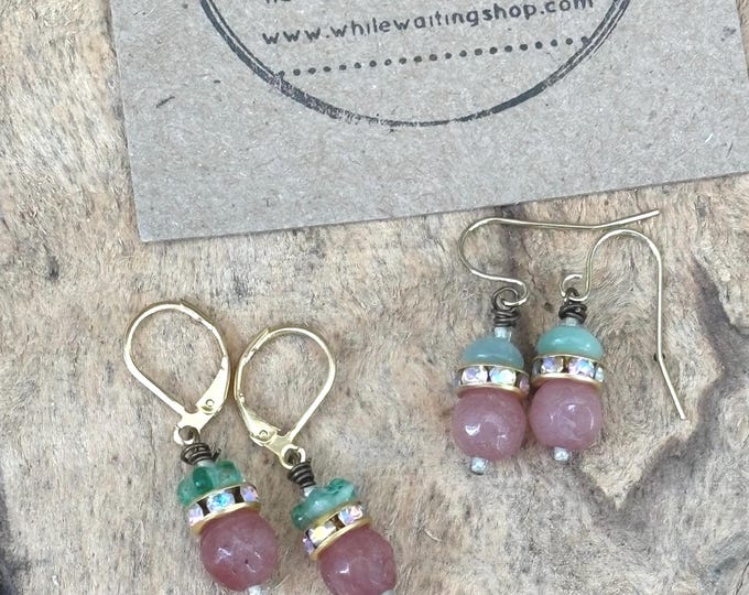 Pink Jade and gold earrings