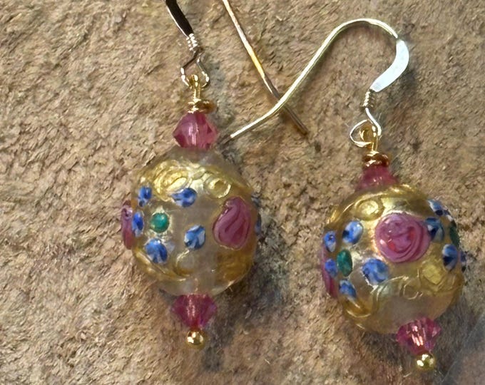 Vintage Venetian Wedding Cake Glass and Gold Earrings
