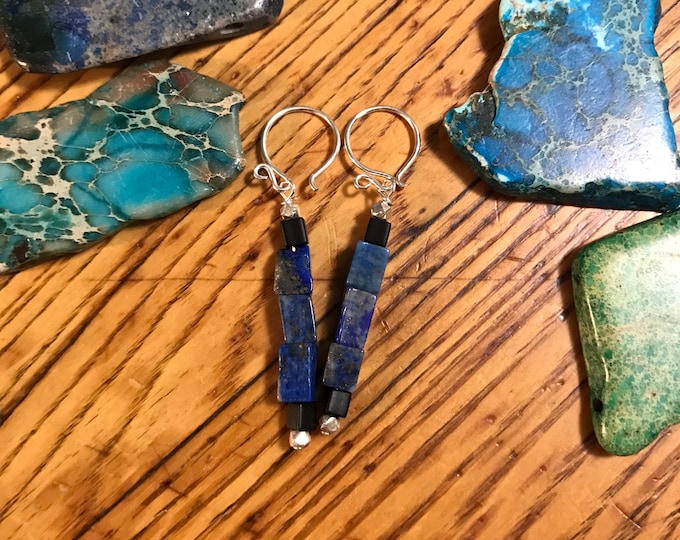 Lapis Lazuli dangle earrings/ sterling silver lapis modern earrings/ blue stone earrings