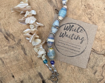 Shell and paperbead necklace- front clasp/ freshwater Pearl pendant
