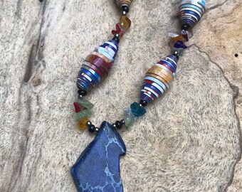 Indigo blue Rock statement necklace- handmade paperbead multicolored pendant necklace/ beaded necklace