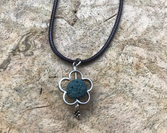 Essential oil Diffuser necklace/ lava stone necklace/ green lava stone necklace/ silver flower necklace