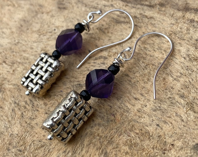 Silver and purple modern dangle earrings