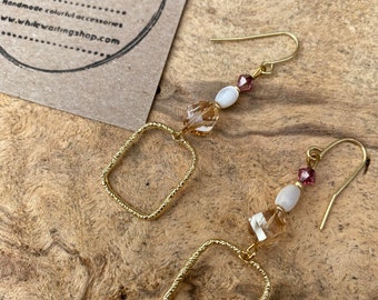 Gold and Czech glass dangle hoop earrings / fancy pink hoop earrings