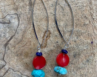 Turquoise, coral, lapis lazuli & silver dangle earrings/ sterling silver stack earrings/ modern western stone earrings