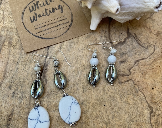 White stone and silver shell dangle  earrings