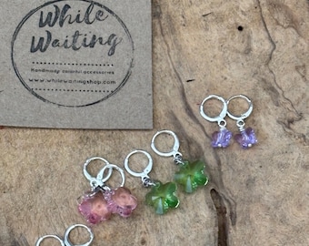 Iridescent flower butterfly Bead Hoop Earrings: Small Silver Plated Earrings