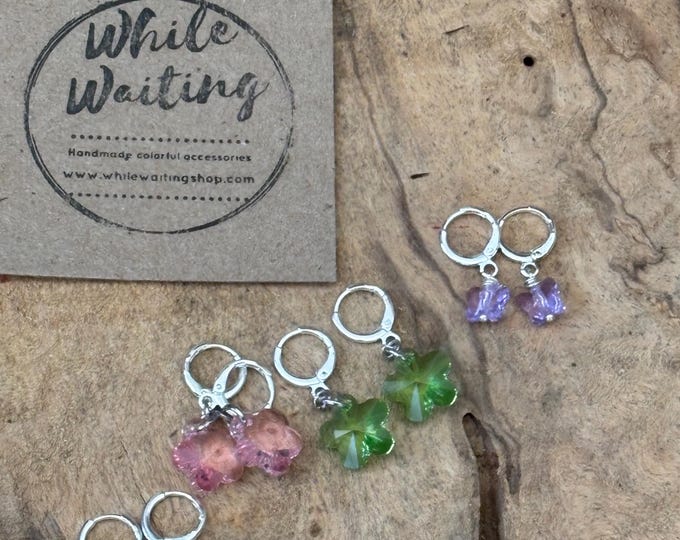 Iridescent flower butterfly Bead Hoop Earrings: Small Silver Plated Earrings