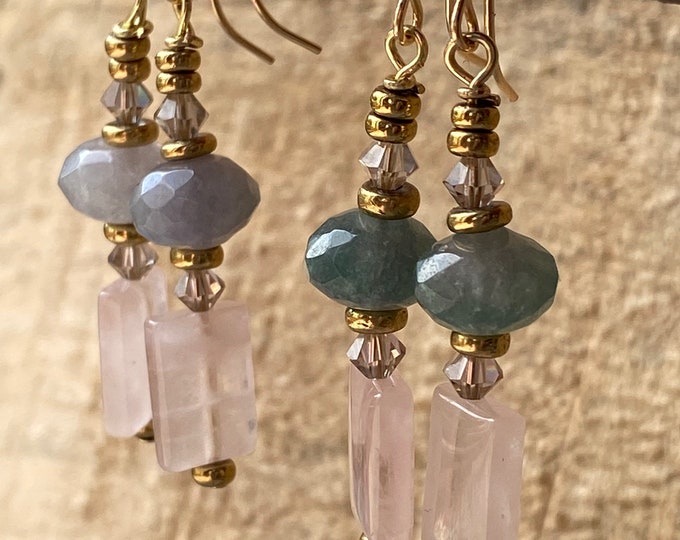 Moss Agate and rose quartz earrings- gold gemstone earrings