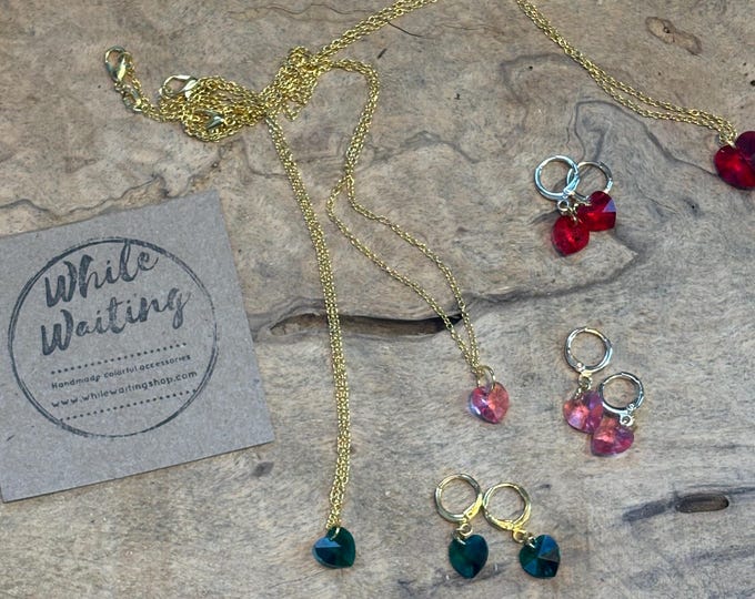 Iridescent heart Swarovski Chrystal Bead Hoop Earrings: Gold Plated Earrings and necklace set