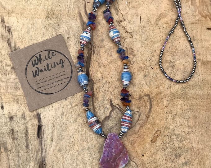 Earthy amethyst stone necklace- lapis lazuli / silver/ paperbead necklace/ pendant necklace/ hippie eco-friendly necklace