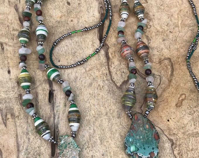 Emerald green aventurine stone necklace- green/ tigers eye / silver/ paperbead necklace/ pendant necklace/ hippie necklace