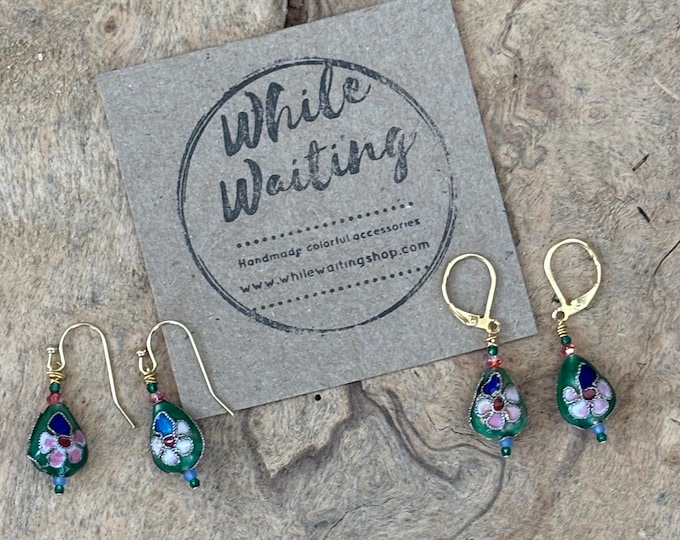 Cloisonné Enamel green floral earrings