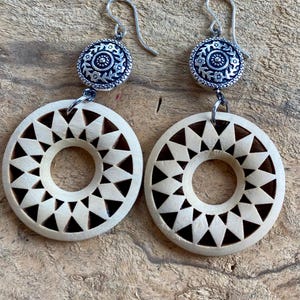 Brown/ silver/ black wood hoop earrings / bohemian wood earrings / statement earrings