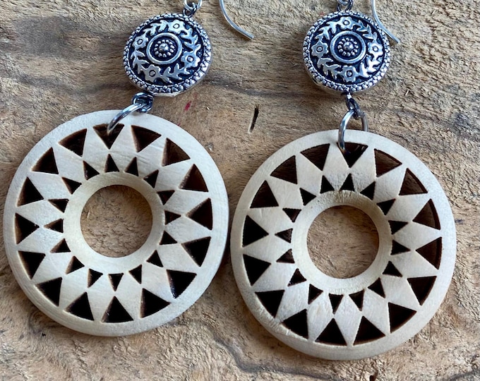 Brown/ silver/ black wood hoop earrings / bohemian wood earrings / statement earrings