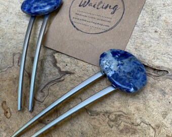 Blue sodalite silver hair fork/ beach hair fork/hair fork/hair accessory / natural cream hair fork/ boho hair clip/ hair stick/ hair pin