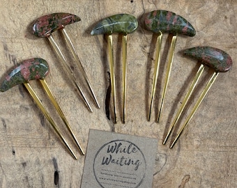 Unakite Hair Pin: Modern rust green hair fork