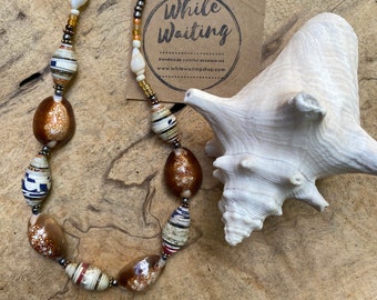 Shell & Paperbead Necklace: Beach Boho Recycled Cereal Box Beads
