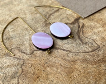 Violet shell brass threader earrings/ modern brass earrings/ long