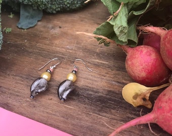 Gray Glass Earrings: Sterling Silver French Hoops with Yellow Pearl