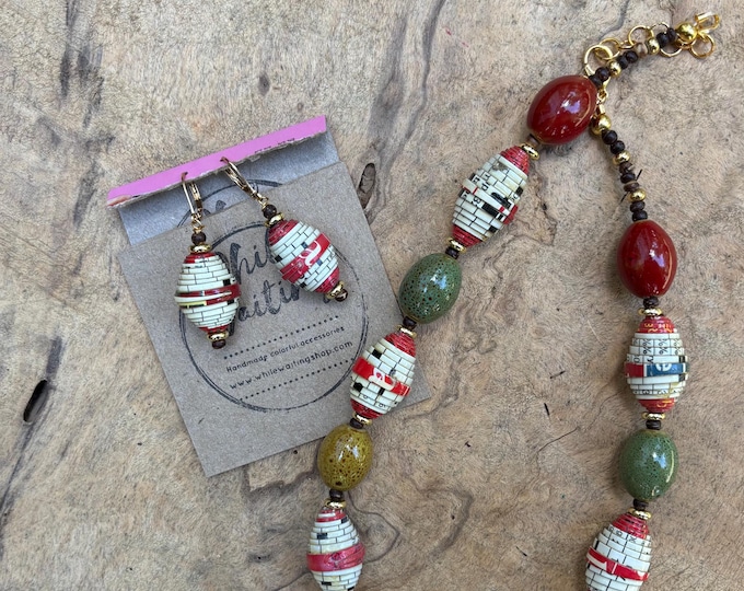 Chunky Paperbead Choker Necklace: Red, Mustard, Sage - Haitian Recycled Beads