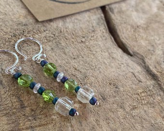 Peridot Sterling Silver Earrings: Vintage Glass & Iridescent Beads
