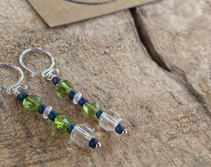 Peridot Sterling Silver Earrings: Vintage Glass & Iridescent Beads