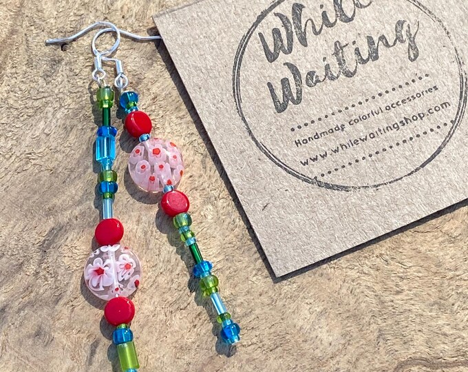 Red & Blue Glass Beaded Earrings: Sterling Silver French Hooks
