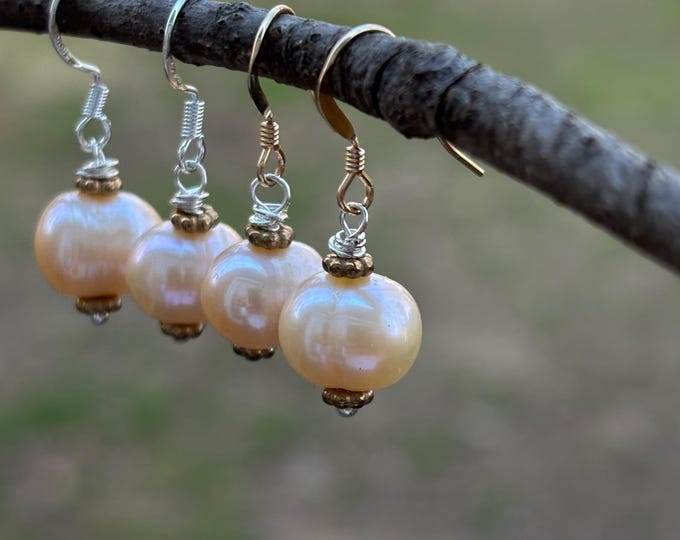 Peach Freshwater Pearl Gold fill Sterling Silver Necklace and Earrings Set