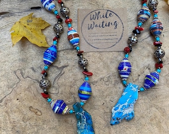 turquoise silver Rock statement necklace- paperbead turquoise pendant  beaded necklace