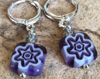 Small purple square glass hoop earrings / silver hoop earrings / geometric purple earrings