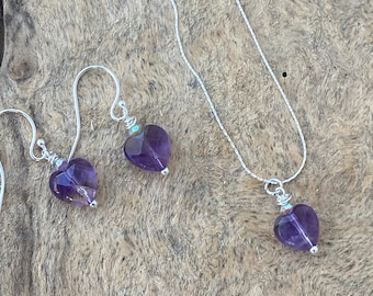 Heart shaped Amethyst earrings / sterling silver earrings / purple amethyst heart necklace