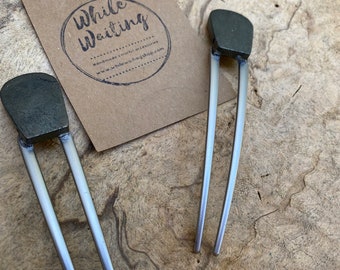 Gray Pyrite Hair Fork, Modern Silver Tone Hair Pin