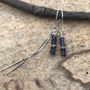 Iolite Threader Earrings: Minimalist Sterling Silver Dangle