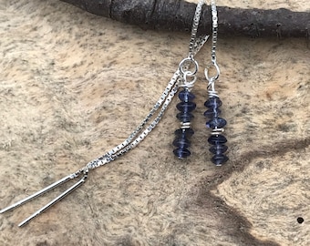 Iolite Threader Earrings: Minimalist Sterling Silver Dangle