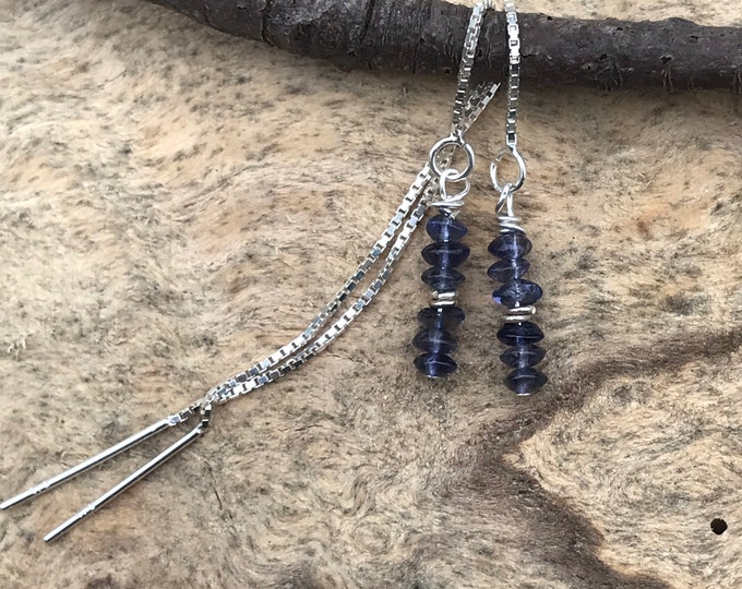 Iolite threader earrings/ minimalist blue semiprecious stone earrings/ sterling silver earrings